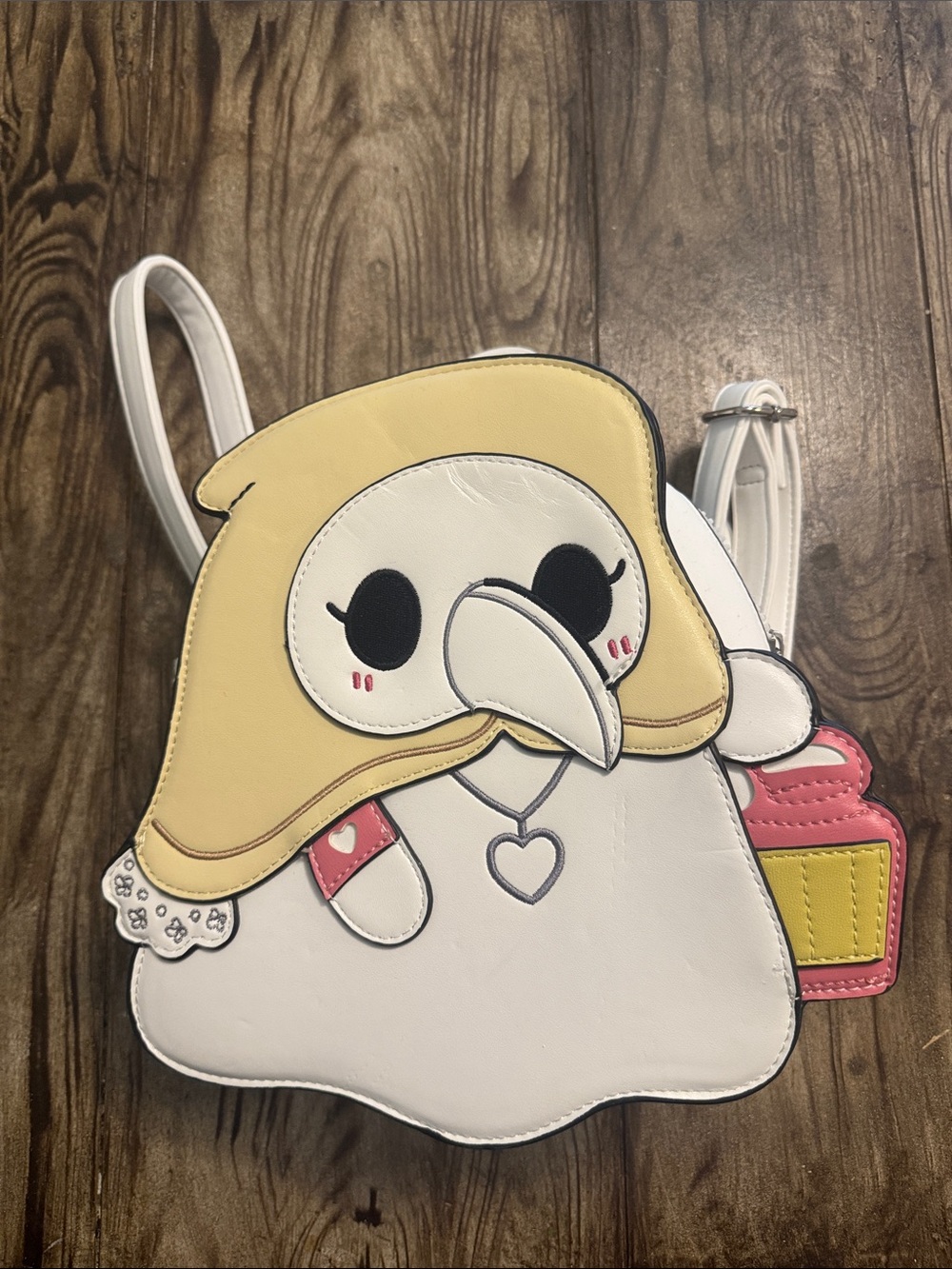 Cute Plague Doctor Character Crossbody Bag in White, Yellow & Pink